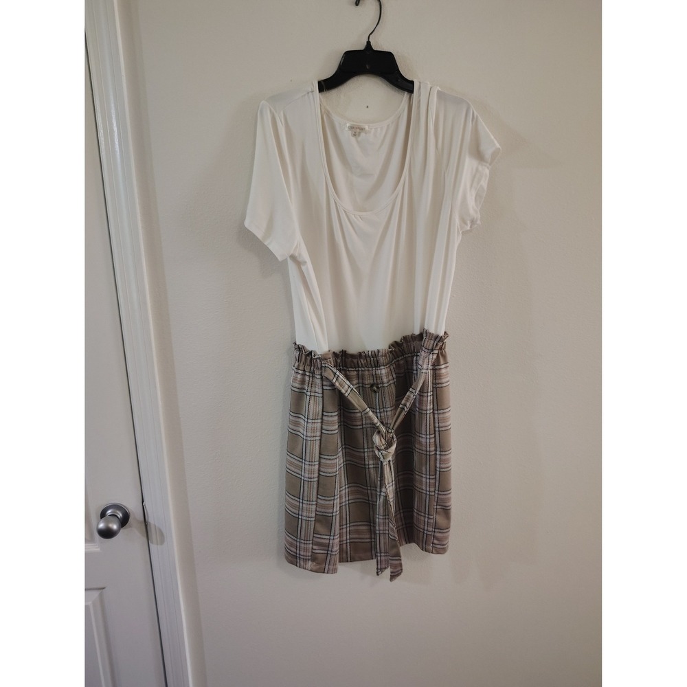 Ultra Flirt Womens 3X White Plaid Paperbag Waist Short‎ Sleeve Mini Dress